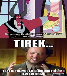 Size: 889x1000 | Tagged: safe, derpibooru import, edit, lord tirek, equestria girls, rainbow rocks, twilight's kingdom, actually pretty funny, conspiracy theory, debate, exploitable meme, giorgio a. tsoukalos, is this supposed to be humorous, meme, memegenerator, poster