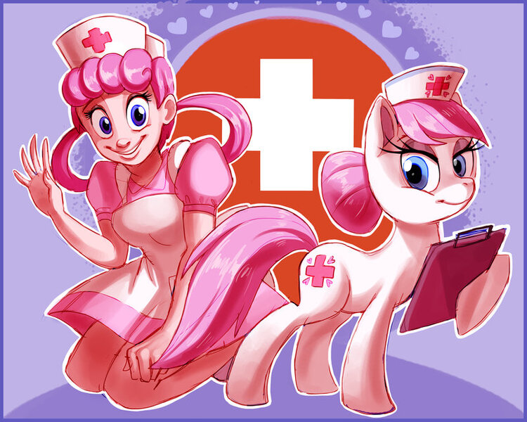 Size: 800x640 | Tagged: safe, artist:shira-hedgie, derpibooru import, nurse redheart, human, pony, clipboard, crossover, duo, heart, hoof hold, lidded eyes, nurse joy, pokémon