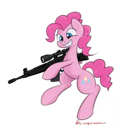 Size: 2252x2416 | Tagged: safe, artist:orang111, derpibooru import, pinkie pie, earth pony, pony, 360 noscope, bipedal, cutie mark, female, g3sg1, grin, gun, h&k g3, hooves, mare, optical sight, rifle, scope, simple background, smiling, sniper rifle, solo, teeth, weapon, white background