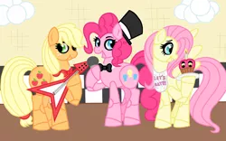 Size: 1280x800 | Tagged: safe, artist:unoriginai, derpibooru import, applejack, fluttershy, pinkie pie, ponified, pony, animatronic, bonnie, bowtie, chica, chicashy, crossover, cupcake, five nights at freddy's, food, freddy fazbear, guitar, hat, microphone, musical instrument, stage, story included, top hat