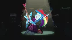 Size: 1260x701 | Tagged: safe, derpibooru import, screencap, crimson napalm, rainbow dash, thunderbass, equestria girls, friendship through the ages, background human, devil horn (gesture), guitar, musical instrument, rainbow punk