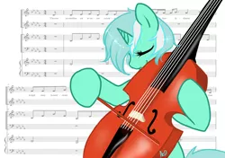 Size: 1280x900 | Tagged: safe, artist:azure-doodle, derpibooru import, lyra heartstrings, pony, winter wrap up, bow (instrument), cello, cello bow, eyes closed, female, mare, music, musical instrument, sheet music, solo