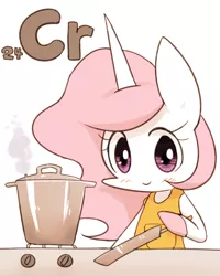 Size: 800x1000 | Tagged: safe, artist:joycall6, derpibooru import, part of a set, princess celestia, pony, series:joycall6's periodic table, bipedal, chemistry, chromium, cooking, cooking pot, pan, periodic table, solo, stainless steel