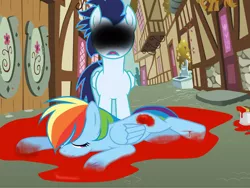 Size: 1024x768 | Tagged: semi-grimdark, artist:rulette, derpibooru import, rainbow dash, soarin', april fools, fake blood, female, male, red paint, shipping, soarindash, straight