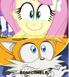 Size: 848x952 | Tagged: safe, derpibooru import, screencap, fluttershy, equestria girls, caption, copy and paste, crossover, face of mercy, happyshy, image macro, meme, miles "tails" prower, sonic the hedgehog (series), text