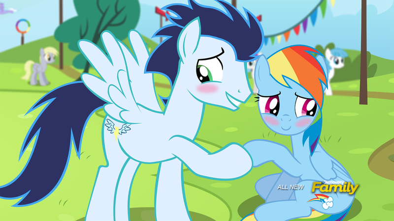 Size: 1024x576 | Tagged: safe, artist:shutterflyeqd, derpibooru import, screencap, derpy hooves, lightning bolt, rainbow dash, soarin', white lightning, pegasus, pony, blushing, discovery family logo, fake screencap, female, hoof hold, i can't believe it's not hasbro studios, male, mare, old cutie mark, shipping, soarindash, spread wings, straight, wingboner, wings