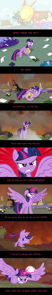 Size: 1280x7200 | Tagged: alicorn, angry, big sister instinct, book, caption, comic, death stare, derpibooru import, edit, edited screencap, flying, golden oaks library, gritted teeth, headcanon, magic, mama bear, mama twilight, owlowiscious, ponyville, rage, revenge, sad, safe, screencap, screencap comic, super saiyan princess, text, twilight's kingdom, twilight sparkle, twilight sparkle (alicorn)