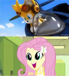 Size: 1272x1388 | Tagged: safe, derpibooru import, screencap, fluttershy, equestria girls, caption, crossover, image macro, meme, miles "tails" prower, reaction, sonic boom, sonic the hedgehog (series), text