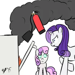 Size: 900x900 | Tagged: artist:halflingpony, cooking, derpibooru import, fire, fire extinguisher, food, oven, rarity, safe, smoke, sweetie belle, sweetie belle can't cook, sweetie fail