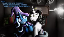 Size: 1250x730 | Tagged: safe, artist:jamescorck, derpibooru import, trixie, oc, oc:movie slate, pony, unicorn, female, mare, rubber (movie), terrified