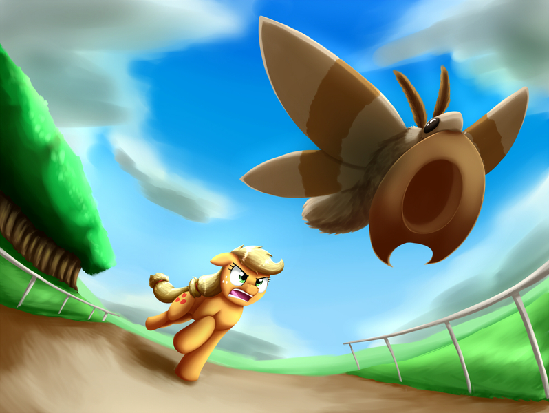 Size: 2000x1504 | Tagged: safe, artist:otakuap, derpibooru import, applejack, oc, oc:fluffy the bringer of darkness, earth pony, insect, moth, pony, accessory theft, angry, animal, applejack's hat, chase, cloud, cowboy hat, female, floppy ears, freckles, giant insect, glare, grass, hat, mare, mouth hold, open mouth, raised hoof, running, sky