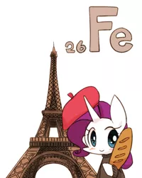 Size: 800x1000 | Tagged: artist:joycall6, baguette, beatnik rarity, beret, blushing, bread, chemistry, clothes, derpibooru import, eiffel tower, ferrum, food, hat, iron, part of a set, periodic table, rarity, safe, series:joycall6's periodic table, solo, sweater