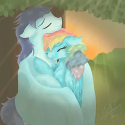 Size: 5500x5500 | Tagged: safe, artist:shirofoz, derpibooru import, rainbow dash, soarin', absurd resolution, crepuscular rays, cuddling, eyes closed, female, floppy ears, hug, male, shipping, smiling, snuggling, soarindash, straight, tree, winghug