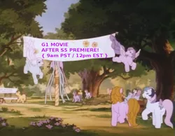 Size: 738x574 | Tagged: announcement, banner, bucket, derpibooru import, dream valley, edit, edited screencap, festival, g1, gingerbread, gusty, magic star, my little pony: the movie (g1), north star, safe, screencap, shady, spring, text, wind whistler
