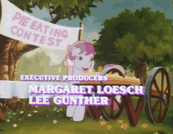 Size: 738x574 | Tagged: safe, derpibooru import, screencap, sweet stuff, butterfly, my little pony: the movie (g1), animated, banner, close-up, credits, dream valley, festival, food, g1, licking, mouth hold, pie, table, text, tongue out, tree