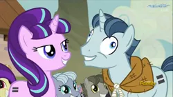 Size: 1433x806 | Tagged: safe, derpibooru import, screencap, party favor, starlight glimmer, pony, the cutie map, derp, discovery family logo, equal cutie mark, exploitable meme, faic, grin, i didn't listen, image macro, it begins, lidded eyes, meme, s5 starlight, silly, silly pony, smiling