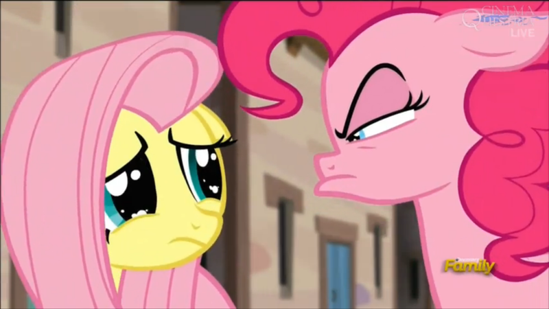 Size: 1920x1080 | Tagged: safe, derpibooru import, screencap, fluttershy, pinkie pie, earth pony, pegasus, pony, the cutie map, cute, female, floppy ears, mare, sad, scowl, shyabetes, when she doesn't smile