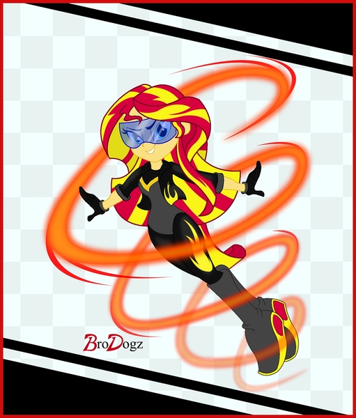 Size: 1128x1324 | Tagged: safe, artist:brodogz, derpibooru import, sunset shimmer, equestria girls, equestrian city, firestar (marvel), flying, solo, superhero