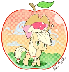 Size: 600x627 | Tagged: safe, artist:banzatou, derpibooru import, apple bloom, applejack, earth pony, pony, pinkie apple pie, apple, applejack's hat, apples to the core, clothes, cowboy hat, eyes closed, female, filly, food, hat, looking at you, mare, raised hoof, siblings, signature, simple background, sisters, smiling, transparent background