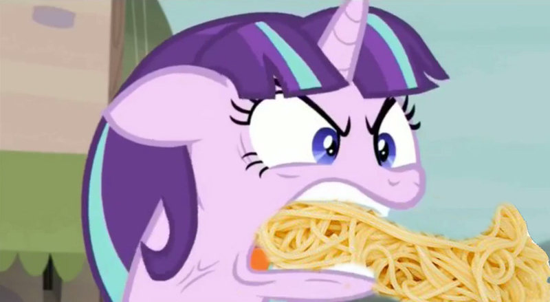 Size: 850x466 | Tagged: arms are heavy, caption, cross-popping veins, derpibooru import, food, image macro, knees weak, meme, mom's spaghetti, palms are sweaty, pasta, ragelight glimmer, safe, screencap, she's nervous, solo, spaghetti, starlight glimmer, text, the cutie map, there's vomit on her sweater already