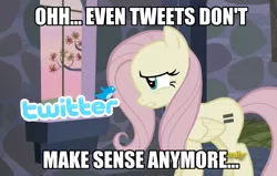 Size: 834x529 | Tagged: caption, derpibooru import, discovery family, discovery family logo, edit, edited screencap, equal cutie mark, even tweets don't make sense anymore, fluttershy, image macro, meme, meta, pun, safe, screencap, text, the cutie map, twitter, visual pun