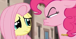 Size: 1917x997 | Tagged: derpibooru import, fluttershy, pinkie pie, reaction image, safe, screencap, the cutie map, unamused, when she doesn't smile