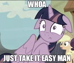 Size: 490x417 | Tagged: safe, derpibooru import, screencap, applejack, rarity, twilight sparkle, twilight sparkle (alicorn), alicorn, pony, the cutie map, caption, drake & josh, female, floppy ears, image macro, mare, meme, reaction image, shut up twilight, text