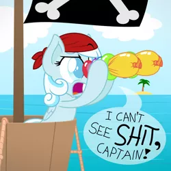 Size: 1500x1500 | Tagged: artist:zutheskunk edits, balloon, balloon binoculars, binoculars, blind, blind joke, can't see shit, can't see shit captain, crossing the memes, derpibooru import, i can't see shit, meme, oc, oc:snowdrop, pirate, safe, the cutie map, unofficial characters only, vulgar, we are going to hell