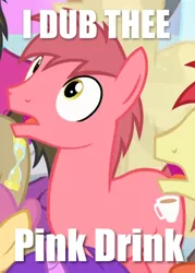 Size: 348x486 | Tagged: safe, derpibooru import, edit, edited screencap, screencap, amethyst star, dizzy twister, doctor whooves, orange swirl, time turner, pony, equestria games (episode), background pony, caption, equestria games, image macro, male, meme, pink drink, solo focus, stallion, text