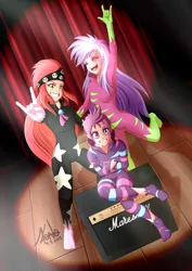 Size: 650x919 | Tagged: apple bloom, artist:valinhya, clothes, cutie mark crusaders, derpibooru import, devil horn (gesture), human, humanized, safe, scootaloo, show stopper outfits, sweetie belle, the show stoppers