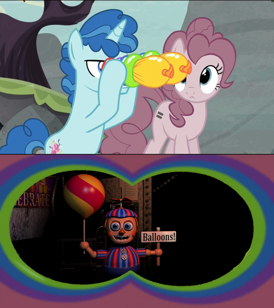 Size: 910x1024 | Tagged: balloon, balloon binoculars, balloon boy, balloon vision, binoculars, derpibooru import, exploitable meme, five nights at freddy's, five nights at freddy's 2, meme, party favor, pinkie pie, pun, safe, the cutie map