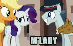 Size: 850x540 | Tagged: applejack, awkward, caption, derpibooru import, fedora, hat, image macro, meme, m'lady, neckbeard, party favor, rarity, safe, screencap, stare, text, the cutie map