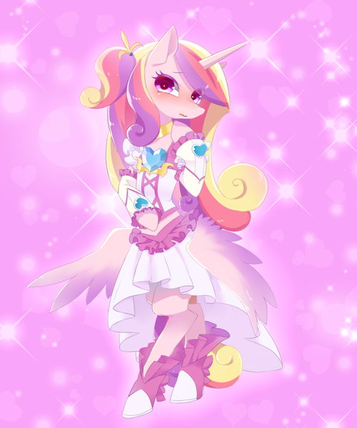 Size: 1200x1440 | Tagged: artist:kkmrarar, bipedal, blushing, clothes, derpibooru import, magical girl, midriff, milky rose, pixiv, precure, princess cadance, safe, skirt, solo, yes! precure 5 gogo