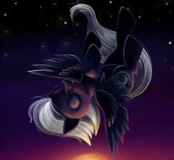 Size: 894x819 | Tagged: artist:ailatf, derpibooru import, eyes closed, flying, night glider, safe, solo, sunset, the cutie map, twilight (astronomy), upside down