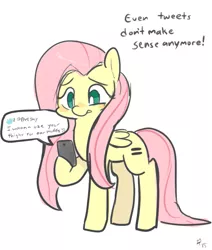 Size: 711x838 | Tagged: artist:mt, derpibooru import, dialogue, even tweets don't make sense anymore, fluttershy, meta, mobile phone, phone, safe, simple background, smartphone, solo, speech bubble, the cutie map, twitter, white background