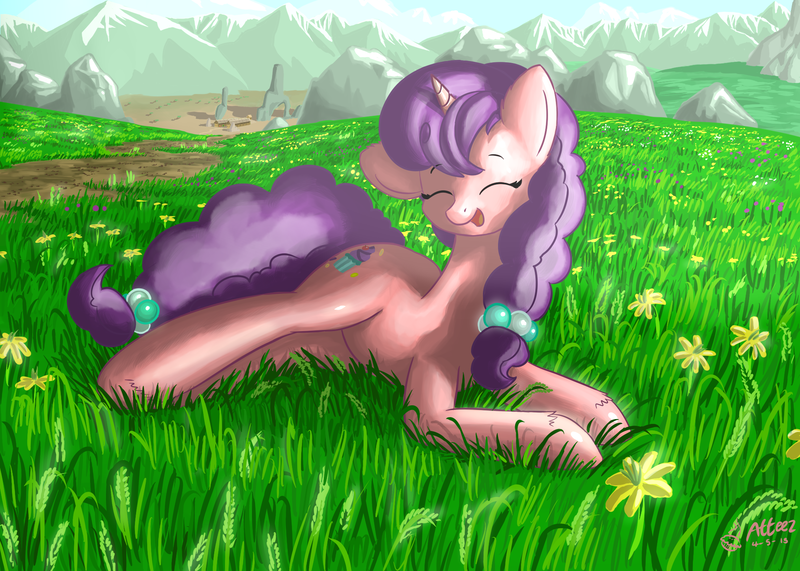 Size: 2016x1440 | Tagged: artist:atteez, cute, derpibooru import, eyes closed, flower, grass, grass field, happy, mountain, prone, safe, solo, starlight's village, sugar belle, sugarbetes, the cutie map