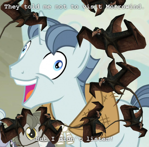 Size: 1098x1080 | Tagged: caption, cliff racer, derpibooru import, edit, edited screencap, exploitable meme, i didn't listen, image macro, meme, morrowind, party favor, safe, screencap, text, the cutie map, the elder scrolls