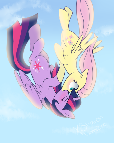 Size: 2000x2500 | Tagged: safe, artist:sugguk, derpibooru import, fluttershy, twilight sparkle, twilight sparkle (alicorn), alicorn, pony, falling, female, kissing, lesbian, mare, shipping, twishy