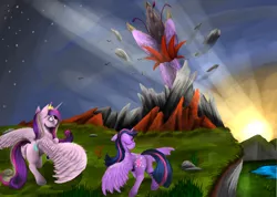 Size: 5313x3790 | Tagged: safe, artist:vinicius040598, derpibooru import, princess cadance, twilight sparkle, twilight sparkle (alicorn), alicorn, pony, tatzlwurm, three's a crowd, absurd resolution, crepuscular rays, female, mare, scene interpretation, spread wings, sunset, wings