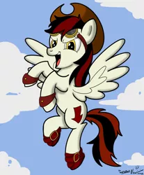 Size: 1327x1600 | Tagged: safe, artist:nexivian, derpibooru import, oc, oc:arrow slingshot, unofficial characters only, pegasus, pony, boots, cowboy hat, cufflinks, cuffs (clothes), fanart, flying, goggles, hat, shoes, solo