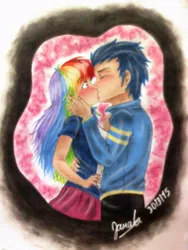 Size: 774x1032 | Tagged: safe, artist:janadashie, derpibooru import, rainbow dash, soarin', human, blushing, female, humanized, kissing, male, shipping, soarindash, straight, traditional art