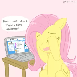 Size: 1024x1024 | Tagged: safe, artist:ayachiichan, derpibooru import, fluttershy, pony, the cutie map, computer, dialogue, even tweets don't make sense anymore, female, laptop computer, meta, open mouth, simple background, solo, text, twitter