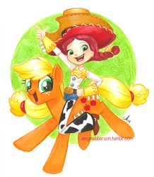 Size: 600x687 | Tagged: applejack, artist:amy mebberson, crossover, derpibooru import, disney, doll, humans riding ponies, jessie (toy story), pixar, riding, safe, toy, toy story