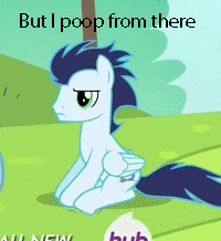 Size: 200x218 | Tagged: suggestive, derpibooru import, edit, edited screencap, screencap, soarin', pegasus, pony, animated, but i poop from there, caption, crossed hooves, implied anal, implied sex, male, solo, stallion