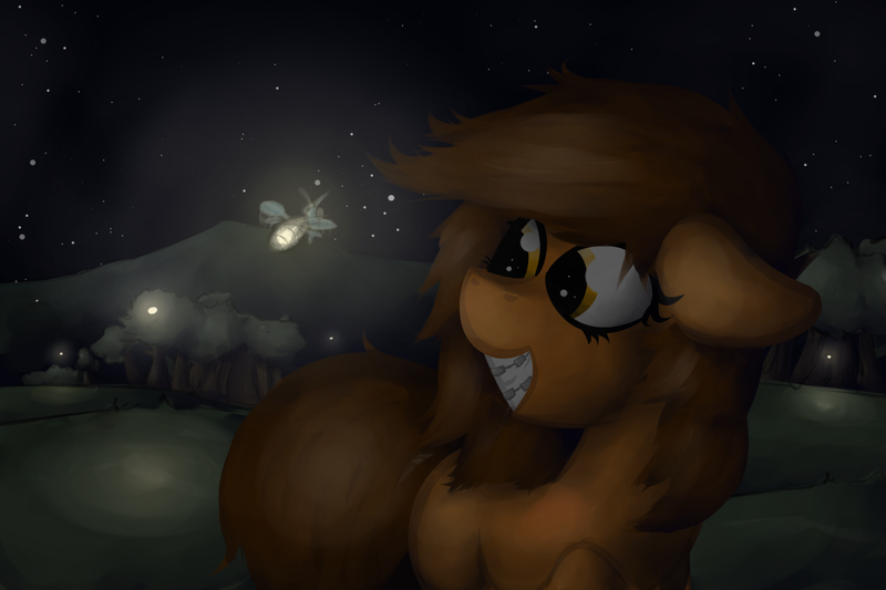 Size: 1280x853 | Tagged: safe, artist:marsminer, derpibooru import, oc, oc:venus spring, unofficial characters only, firefly (insect), insect, pony, unicorn, braces, cute, eyes on the prize, female, floppy ears, grin, happy, mare, night, night sky, sky, smiling, solo, squee, stars, teeth, tree, venus spring actually having a pretty good time