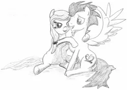 Size: 1890x1338 | Tagged: artist:angina pectoris, backwards cutie mark, derpibooru import, infidelity, monochrome, oc, oc:cream heart, soarin', spread wings, suggestive, sweat, traditional art, wingboner, wings