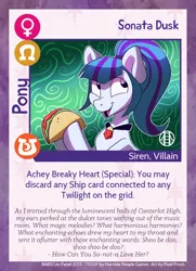 Size: 788x1088 | Tagged: safe, artist:pixel-prism, derpibooru import, sonata dusk, ponified, pony, sea pony, twilight sparkle's secret shipfic folder, card, cute, food, shoo be doo, solo, sonataco, taco