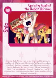 Size: 788x1088 | Tagged: safe, artist:pixel-prism, derpibooru import, apple bloom, rarity, scootaloo, sweetie belle, earth pony, pony, robot, robot pony, unicorn, twilight sparkle's secret shipfic folder, cutie mark crusaders, eyes closed, female, filly, floppy ears, foal, hooves, horn, open mouth, raribot, ship card, spread wings, sweetie bot, text, trio, wings