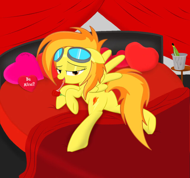 Size: 1024x958 | Tagged: suggestive, artist:spitshy, derpibooru import, spitfire, pegasus, pony, bed, butt, female, flower, goggles, holiday, plot, rose, sexy, solo, solo female, stupid sexy spitfire, valentine's day