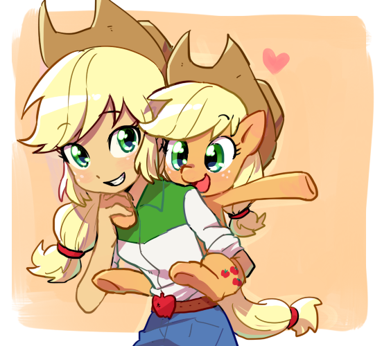 Size: 551x500 | Tagged: dead source, safe, artist:baekgup, derpibooru import, applejack, earth pony, human, pony, equestria girls, applejack's hat, blushing, clothes, cowboy hat, cute, female, freckles, hat, heart, human ponidox, jackabetes, mare, open mouth, piggyback ride, ponies riding humans, riding, self ponidox, shirt, skirt, smiling, square crossover